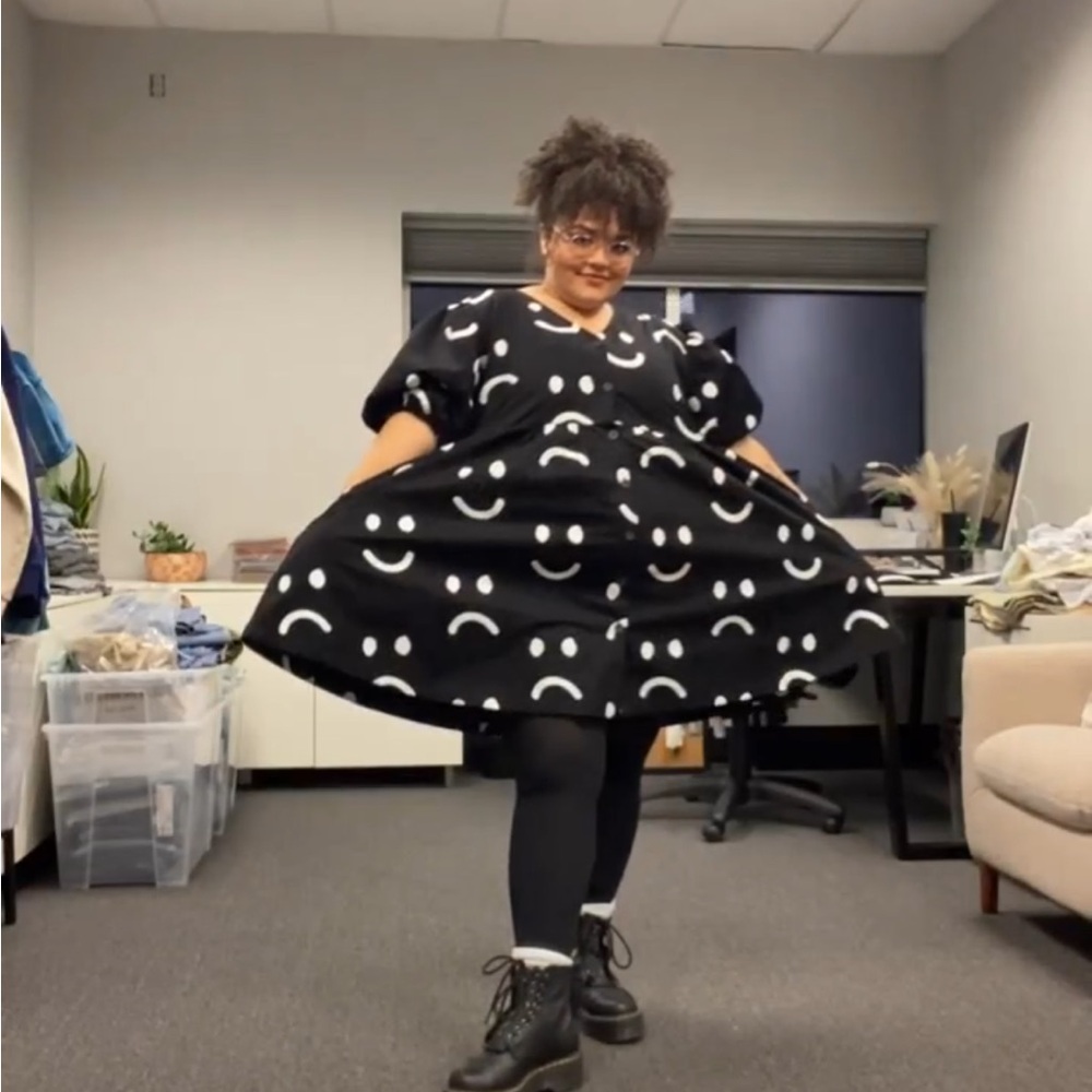 Lazy Oaf Black Dress Happy Sad Puff Sleeve Dress - Picture 5 of 6